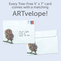 Load image into Gallery viewer, The envelope for Tree-Free’s Owl Celebration card, along with the following text: “Every Tree-Free 5x7 card comes with a matching ARTvelope!”
