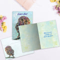 Load image into Gallery viewer, The inside of Tree-Free’s Owl Celebration card, with the cover and envelope in the background.
