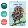 Load image into Gallery viewer, The cover of Tree-Free’s Owl Celebration card with lines demonstrating its 5x7 dimensions, along with the following text: “100% PCW recycled paper, proudly made in the USA, sustainably printed on extra-thick card stock”