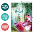 Load image into Gallery viewer, The cover of Tree-Free’s Huge Acorn card with lines demonstrating its 5x7 dimensions, along with the following text: “100% PCW recycled paper, proudly made in the USA, sustainably printed on extra-thick card stock”