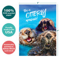 Load image into Gallery viewer, The cover of Tree-Free’s Otterly Amazing card with lines demonstrating its 5x7 dimensions, along with the following text: “100% PCW recycled paper, proudly made in the USA, sustainably printed on extra-thick card stock”