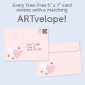 Load image into Gallery viewer, The envelope for Tree-Free’s Grateful Hearts card, along with the following text: “Every Tree-Free 5x7 card comes with a matching ARTvelope!”