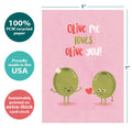 Load image into Gallery viewer, The cover of Tree-Free’s Olive You card with lines demonstrating its 5x7 dimensions, along with the following text: “100% PCW recycled paper, proudly made in the USA, sustainably printed on extra-thick card stock”