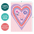 Load image into Gallery viewer, The cover of Tree-Free’s So Loved card with lines demonstrating its 5x7 dimensions, along with the following text: “100% PCW recycled paper, proudly made in the USA, sustainably printed on extra-thick card stock”