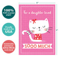 Load image into Gallery viewer, The cover of Tree-Free’s Love You Cat card with lines demonstrating its 5x7 dimensions, along with the following text: “100% PCW recycled paper, proudly made in the USA, sustainably printed on extra-thick card stock”
