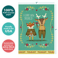 Load image into Gallery viewer, The cover of Tree-Free’s Love You Deerly card with lines demonstrating its 5x7 dimensions, along with the following text: “100% PCW recycled paper, proudly made in the USA, sustainably printed on extra-thick card stock”
