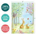 Load image into Gallery viewer, The cover of Tree-Free’s Spring Meadow card with lines demonstrating its 5x7 dimensions, along with the following text: “100% PCW recycled paper, proudly made in the USA, sustainably printed on extra-thick card stock”