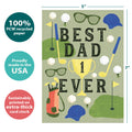 Load image into Gallery viewer, The cover of Tree-Free’s Golf Dad card with lines demonstrating its 5x7 dimensions, along with the following text: “100% PCW recycled paper, proudly made in the USA, sustainably printed on extra-thick card stock”