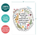 Load image into Gallery viewer, The cover of Tree-Free’s Fence and Garden card with lines demonstrating its 5x7 dimensions, along with the following text: “100% PCW recycled paper, proudly made in the USA, sustainably printed on extra-thick card stock”