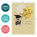 Load image into Gallery viewer, The cover of Tree-Free’s Genius Pug card with lines demonstrating its 5x7 dimensions, along with the following text: “100% PCW recycled paper, proudly made in the USA, sustainably printed on extra-thick card stock”
