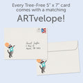 Load image into Gallery viewer, The envelope for Tree-Free’s Cheerleader Cats card, along with the following text: “Every Tree-Free 5x7 card comes with a matching ARTvelope!”