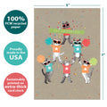 Load image into Gallery viewer, The cover of Tree-Free’s Cheerleader Cats card with lines demonstrating its 5x7 dimensions, along with the following text: “100% PCW recycled paper, proudly made in the USA, sustainably printed on extra-thick card stock”