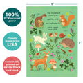 Load image into Gallery viewer, The cover of Tree-Free’s Woodland Welcome card with lines demonstrating its 5x7 dimensions, along with the following text: “100% PCW recycled paper, proudly made in the USA, sustainably printed on extra-thick card stock”