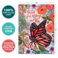Load image into Gallery viewer, The cover of Tree-Free’s Spread Your Wings card with lines demonstrating its 5x7 dimensions, along with the following text: “100% PCW recycled paper, proudly made in the USA, sustainably printed on extra-thick card stock”