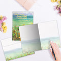 Load image into Gallery viewer, The inside of Tree-Free’s Delight Sunflower card, with the cover and envelope in the background.