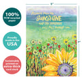 Load image into Gallery viewer, The cover of Tree-Free’s Delight Sunflower card with lines demonstrating its 5x7 dimensions, along with the following text: “100% PCW recycled paper, proudly made in the USA, sustainably printed on extra-thick card stock”