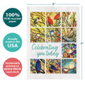 Load image into Gallery viewer, The cover of Tree-Free’s Bird Celebration card with lines demonstrating its 5x7 dimensions, along with the following text: “100% PCW recycled paper, proudly made in the USA, sustainably printed on extra-thick card stock”