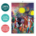 Load image into Gallery viewer, The cover of Tree-Free’s Animal Serenade Birthday card with lines demonstrating its 5x7 dimensions, along with the following text: “100% PCW recycled paper, proudly made in the USA, sustainably printed on extra-thick card stock”
