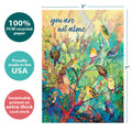 Load image into Gallery viewer, The cover of Tree-Free’s Not Alone Birds card with lines demonstrating its 5x7 dimensions, along with the following text: “100% PCW recycled paper, proudly made in the USA, sustainably printed on extra-thick card stock”
