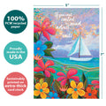 Load image into Gallery viewer, The cover of Tree-Free’s Adjust the Sails card with lines demonstrating its 5x7 dimensions, along with the following text: “100% PCW recycled paper, proudly made in the USA, sustainably printed on extra-thick card stock”