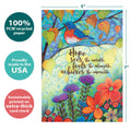 Load image into Gallery viewer, The cover of Tree-Free’s Hopeful Bird card with lines demonstrating its 5x7 dimensions, along with the following text: “100% PCW recycled paper, proudly made in the USA, sustainably printed on extra-thick card stock”