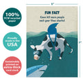 Load image into Gallery viewer, The cover of Tree-Free’s Cow Shark Fun Fact card with lines demonstrating its 5x7 dimensions, along with the following text: “100% PCW recycled paper, proudly made in the USA, sustainably printed on extra-thick card stock”