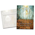 Load image into Gallery viewer, Cover of Part of Us Sympathy card (featuring script text below artwork of a forest of birch trees) and its matching envelope