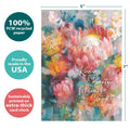 Load image into Gallery viewer, The cover of Tree-Free’s Kindness Flowers card with lines demonstrating its 5x7 dimensions, along with the following text: “100% PCW recycled paper, proudly made in the USA, sustainably printed on extra-thick card stock”