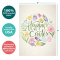 Load image into Gallery viewer, The cover of Tree-Free’s Spring Wreath card with lines demonstrating its 5x7 dimensions, along with the following text: “100% PCW recycled paper, proudly made in the USA, sustainably printed on extra-thick card stock”