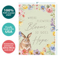 Load image into Gallery viewer, The cover of Tree-Free’s Hope Blooms card with lines demonstrating its 5x7 dimensions, along with the following text: “100% PCW recycled paper, proudly made in the USA, sustainably printed on extra-thick card stock”