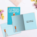 Load image into Gallery viewer, The inside of Tree-Free’s Geezers card, with the cover and envelope in the background.
