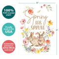 Load image into Gallery viewer, The cover of Tree-Free’s Spring Has Sprung card with lines demonstrating its 5x7 dimensions, along with the following text: “100% PCW recycled paper, proudly made in the USA, sustainably printed on extra-thick card stock”