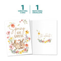 Load image into Gallery viewer, The cover and inside of Tree-Free’s Spring Has Sprung card, along with the following text: “1 greeting card, 1 matching envelope”