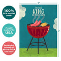 Load image into Gallery viewer, The cover of Tree-Free’s King of the Grill card with lines demonstrating its 5x7 dimensions, along with the following text: “100% PCW recycled paper, proudly made in the USA, sustainably printed on extra-thick card stock”