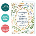 Load image into Gallery viewer, The cover of Tree-Free’s Sending Sunlight card with lines demonstrating its 5x7 dimensions, along with the following text: “100% PCW recycled paper, proudly made in the USA, sustainably printed on extra-thick card stock”