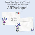 Load image into Gallery viewer, The envelope for Tree-Free’s Thoughtful Irises card, along with the following text: “Every Tree-Free 5x7 card comes with a matching ARTvelope!”