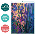 Load image into Gallery viewer, The cover of Tree-Free’s Thoughtful Irises card with lines demonstrating its 5x7 dimensions, along with the following text: “100% PCW recycled paper, proudly made in the USA, sustainably printed on extra-thick card stock”