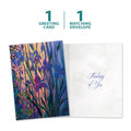 Load image into Gallery viewer, The cover and inside of Tree-Free’s Thoughtful Irises card, along with the following text: “1 greeting card, 1 matching envelope”