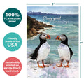 Load image into Gallery viewer, The cover of Tree-Free’s Puffin Marriage card with lines demonstrating its 5x7 dimensions, along with the following text: “100% PCW recycled paper, proudly made in the USA, sustainably printed on extra-thick card stock”