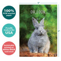 Load image into Gallery viewer, The cover of Tree-Free’s Gray Bunny card with lines demonstrating its 5x7 dimensions, along with the following text: “100% PCW recycled paper, proudly made in the USA, sustainably printed on extra-thick card stock”