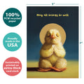 Load image into Gallery viewer, The cover of Tree-Free’s Lotus Yoga Chick card with lines demonstrating its 5x7 dimensions, along with the following text: “100% PCW recycled paper, proudly made in the USA, sustainably printed on extra-thick card stock”