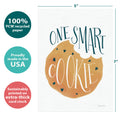 Load image into Gallery viewer, The cover of Tree-Free’s One Smart Cookie card with lines demonstrating its 5x7 dimensions, along with the following text: “100% PCW recycled paper, proudly made in the USA, sustainably printed on extra-thick card stock”