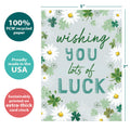 Load image into Gallery viewer, The cover of Tree-Free’s Wishing You Luck card with lines demonstrating its 5x7 dimensions, along with the following text: “100% PCW recycled paper, proudly made in the USA, sustainably printed on extra-thick card stock”