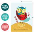 Load image into Gallery viewer, The cover of Tree-Free’s Teacher Definition card with lines demonstrating its 5x7 dimensions, along with the following text: “100% PCW recycled paper, proudly made in the USA, sustainably printed on extra-thick card stock”