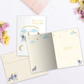 Load image into Gallery viewer, The inside of Tree-Free’s Welcome Sweet Boy card, with the cover and envelope in the background.