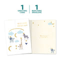 Load image into Gallery viewer, The cover and inside of Tree-Free’s Welcome Sweet Boy card, along with the following text: “1 greeting card, 1 matching envelope”