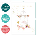 Load image into Gallery viewer, The cover of Tree-Free’s Sweet Baby Girl card with lines demonstrating its 5x7 dimensions, along with the following text: “100% PCW recycled paper, proudly made in the USA, sustainably printed on extra-thick card stock”