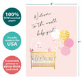 Load image into Gallery viewer, The cover of Tree-Free’s Welcome to the World card with lines demonstrating its 5x7 dimensions, along with the following text: “100% PCW recycled paper, proudly made in the USA, sustainably printed on extra-thick card stock”