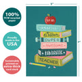 Load image into Gallery viewer, The cover of Tree-Free’s Awesome Fantastic Teacher card with lines demonstrating its 5x7 dimensions, along with the following text: “100% PCW recycled paper, proudly made in the USA, sustainably printed on extra-thick card stock”