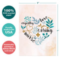 Load image into Gallery viewer, The cover of Tree-Free’s Love and Empathy card with lines demonstrating its 5x7 dimensions, along with the following text: “100% PCW recycled paper, proudly made in the USA, sustainably printed on extra-thick card stock”